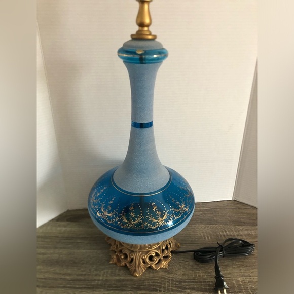Vtg France Made Blue Sugared Glass Table Lamp - Picture 9 of 13